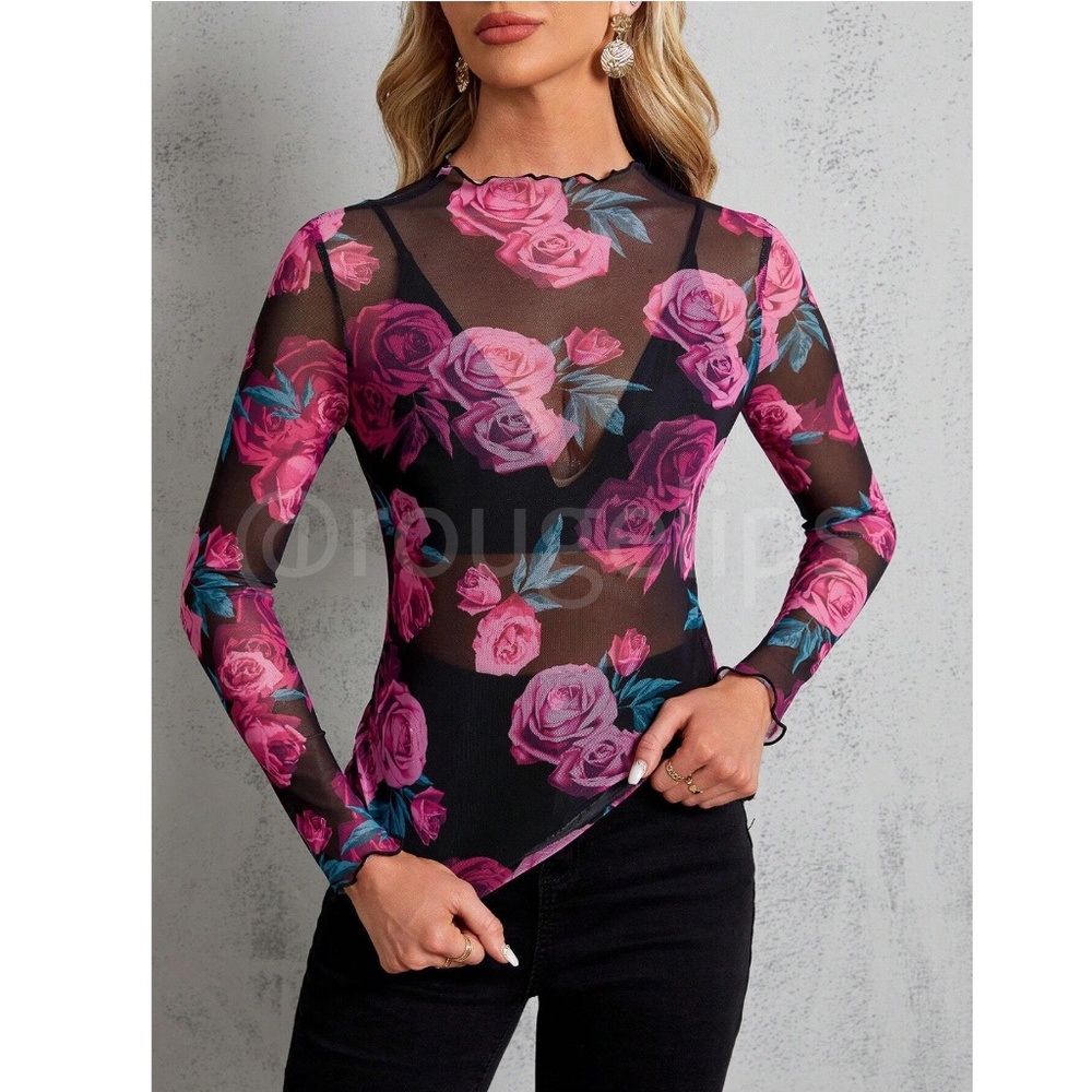 Black Lettuce Trim Long Sleeve Mesh Top Shirt Pink Roses Floral Print - Picture 6 of 8